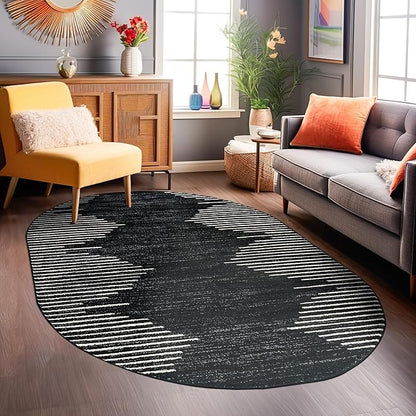 Rugshop Bohemian Stripe Stain Resistant High Traffic Living Room Kitchen Bedroom Dining Home Office Oval Area Rug 5' x 7' Black