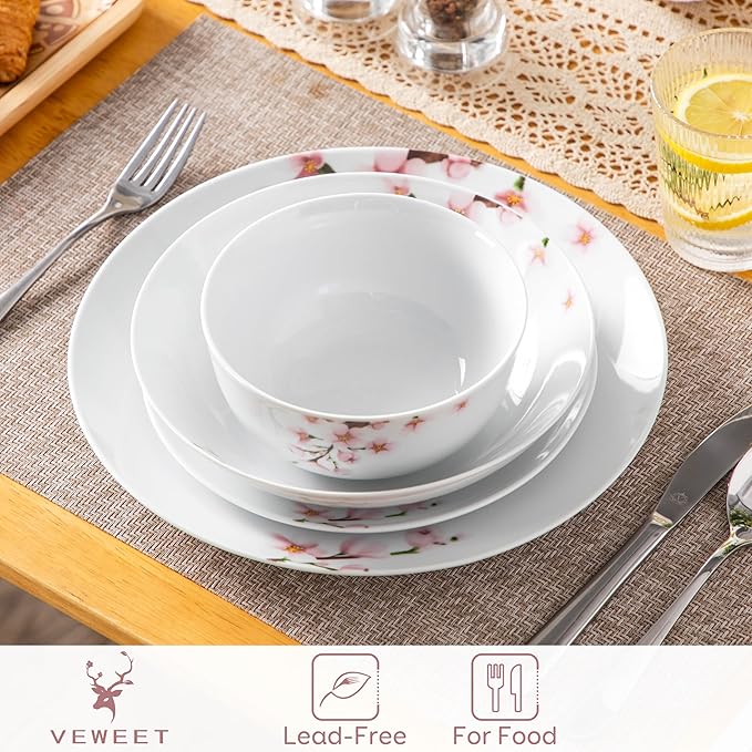 VEWEET Dinnerware Sets for 6, 24 Pieces Porcelain Plates and Bowls Set with Pink Floral, Classic Dishes Set Dining Ware for Dinner, Microwave Dishwasher Safe, Series ANNIE