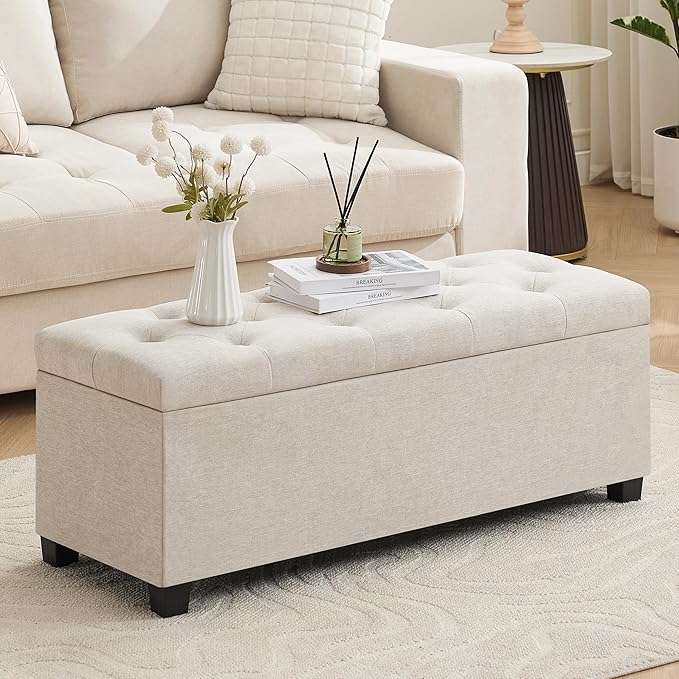 43’’ Storage Ottoman Bench, Linen Entryway Benches Load up to 660 Lb, Modern End of Bed Benches for Bedroom, Ottoman with Storage Bench for Living Room, Beige