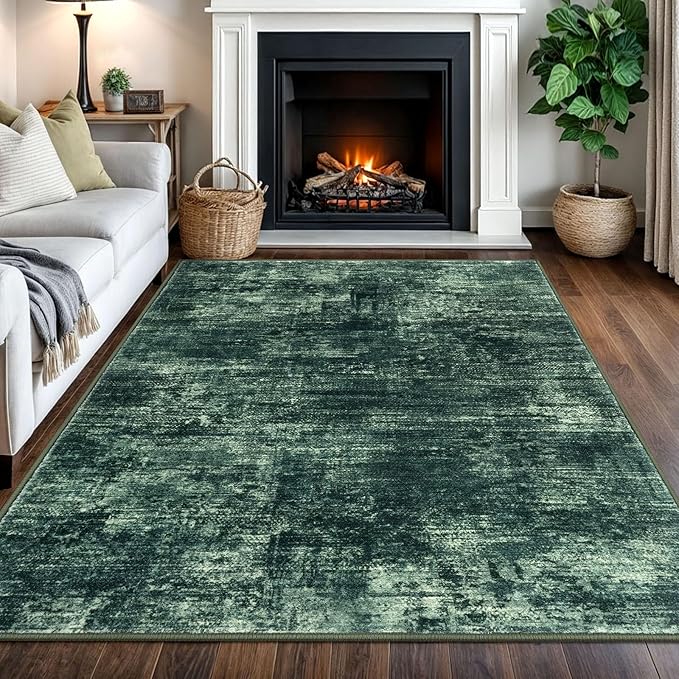 IOHOUZE Abstract Area Rugs 5x7 Ft Washable Rugs for Living Room, Non Slip Dining Room Rug, Printed Faux Wool Rugs for Bedroom, Floor Carpet for Kitchen Nursery Playroom, Dark Green