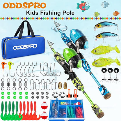 ODDSPRO Kids Fishing Pole Pink, Portable Telescopic Fishing Rod and Reel Combo Kit - with Spincast Fishing Reel Tackle Box for Girls, Youth