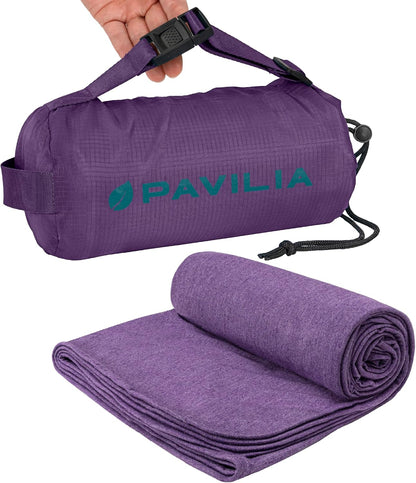 PAVILIA Travel Blanket Airplane Compact with Bag, Soft Packable Plane Blanket Kids Adults, Portable Camping Flight Essentials, Travelers Gifts Accessories, Luggage Backpack Strap, 65x40 Purple