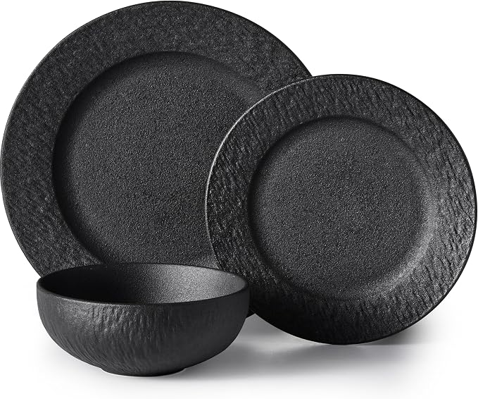 Black Dinnerware Sets, 3-Piece plates and bowls sets, Matte Marble | Premium