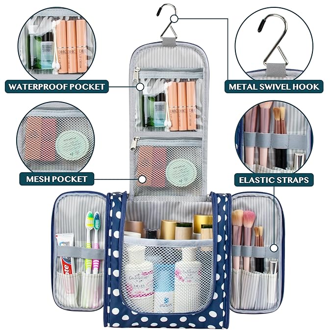 PAVILIA Toiletry Bag Travel Bag for Women Men, Hanging Cosmetic Organizer, Water Resistant Makeup Bag for Accessories Toiletries, Large Travel Essentials Kit (Navy Polka Dot)