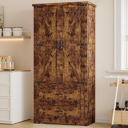 Pantry Organizers and Storage Cabinet, 71” Barn Door White Kitchen Cabinet with Drawers and Adjustable Shelf, Tall Pantry for Kitchen, Dining Room, Living Room. Bathroom and Office