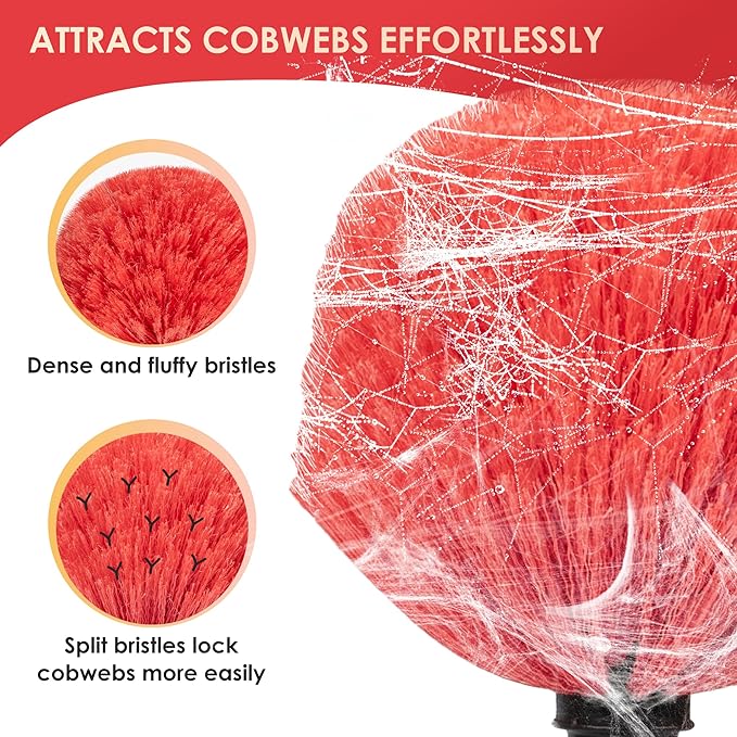 5-12 FT Cobweb Duster with Extension Pole, 20 FT High Reach Spider Web Brush with Telescopic Pole, Extendable Duster with 2 Outdoor Cobweb Brushes, Duster for High Ceiling