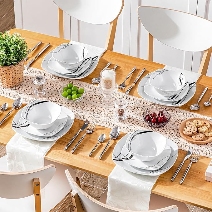 VEWEET Porcelain Dinnerware Set, 12 PCS Including Dinner Plates, Dessert Plates and Cereal Bowls, Series Fiona