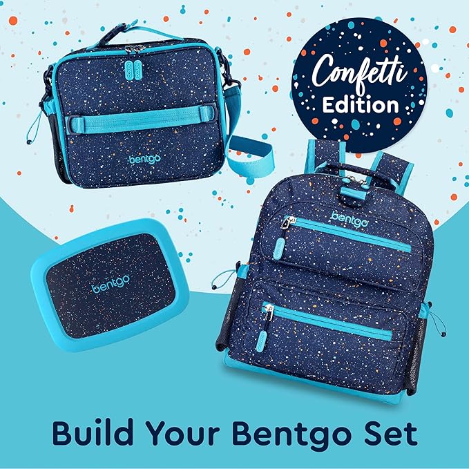 Bentgo Kids Lunch Bag - Double-Insulated, Reusable Lunch Bag for Kids 3+ with Adjustable Strap; Holds Lunch Box/Water Bottle/Snacks; Easy-Clean, Water-Resistant & Pockets (Confetti - Abyss Blue)