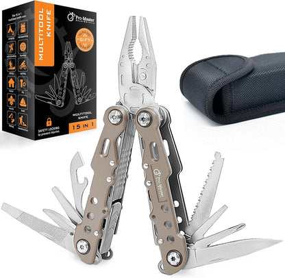 15-in-1 Multitool Pocket Knife, Multipurpose Stainless Steel All In One Tool for Camping Hiking Survival Travel Home - Portable Heavy Duty Folding Utility Multi Tool with Self-Locking