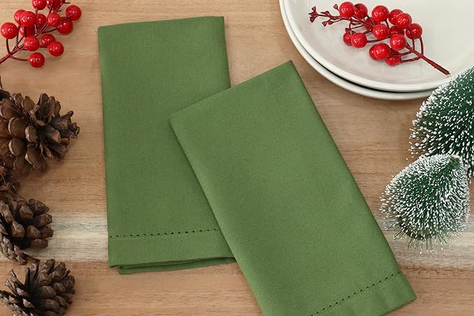 PurpleEssences Set of 12 Hemstitch Cloth Dinner Napkins 100% Cotton - Soft Durable Washable - Ideal for Wedding Christmas Holiday Winter - Perfect Everyday Use Table Linen 18x18 - Sage Green