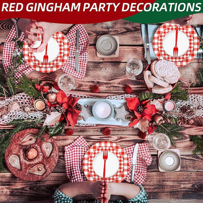 100 Pcs Red White Gingham Party Supplies Set, Serves 25 – Disposable Checkered