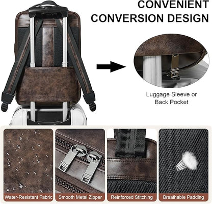 Vegan Leather Laptop Backpack for Women&Men,16 Inch Expandable Backpack with USB Charging Port,Two-toned Coffee