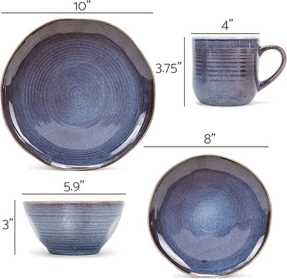 Elanze Designs Reactive Glaze Farmhouse Rustic Boho Ceramic Stoneware Dinnerware 16 Piece Plate Bowl Mug Dish Set - Service for 4, Purple Ombre Blue