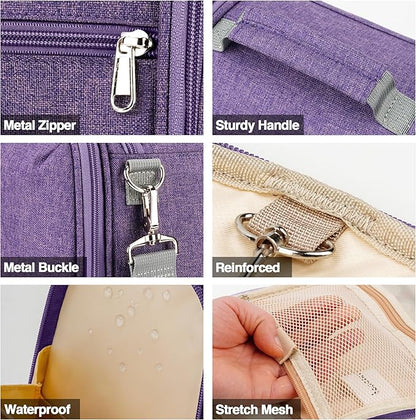 Travel Hanging Toiletry Bag for Women and Men, 6 Organizer Compartments, Holds Full Size Bottles, Extra Large Cosmetic Accessories, Makeup essentials, Bathroom Water-resistant Toiletries Bag, Purple