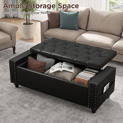 Maupvit Storage Ottoman Bench, 49 Inch Bedroom Bench, Upholstered Ottoman with Storage, Entryway Bench with Tufted Button, Faux Leather Window Bench for Bedroom, Living Room, Entryway, Hallway, Black