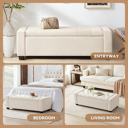 48" Ottoman with Storage, Large Storage Ottoman Bench for Bedroom with Safety Hinge, Upholstered Tufted Window Benches, End of Bed Bench for Living Room, Entryway Bench with Seating, Beige