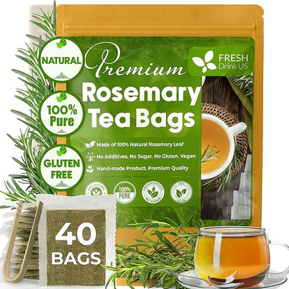FreshDrinkUS, Premium 40 Rosemary Leaf Tea Bags, 100% Natural and Pure Rosemary Dried Leaves, Pure Herbal Tea, No Additives, No Caffeine, No Gluten, Vegan.