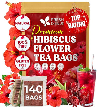 FreshDrinkUS, Premium 140 Hibiscus Flowers Tea Bags, 100% Natural, Handmade & Pure from Hibiscus Flowers. No Sugar/Caffeine/Gluten, Vegan. Tart & Refreshing, Hot or Ice Tea, Great For All Seasons