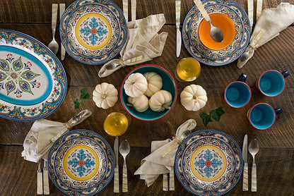 Euro Ceramica Zanzibar Collection 16 Piece Dinnerware Set Kitchen and Dining, Service for 4, Spanish Floral Design, Multicolor, Blue and Yellow