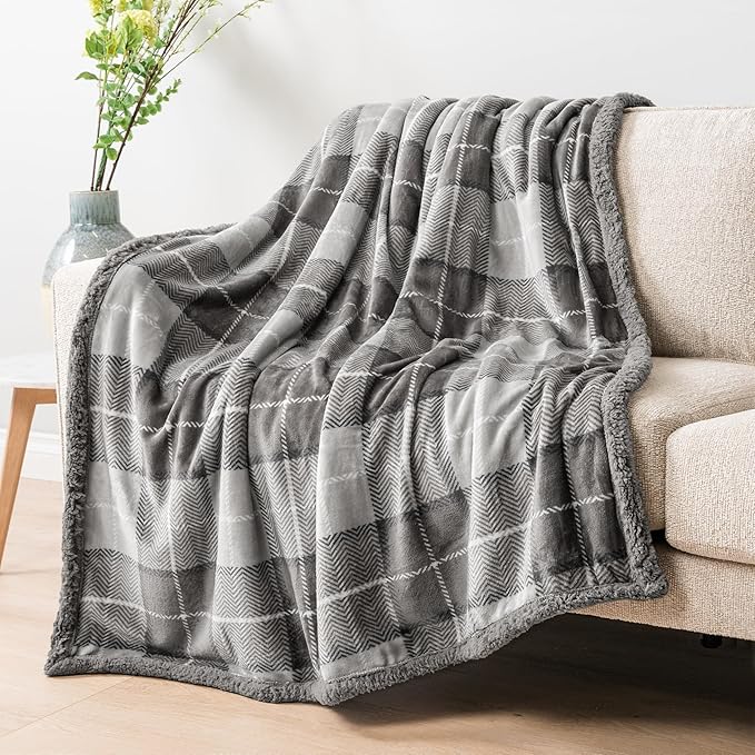 PAVILIA Light Grey Plaid Sherpa Throw Blanket for Couch, Plush Flannel Fleece, Soft Fuzzy Cabin for Sofa Bed, Warm Cozy Winter Gift, 50x60