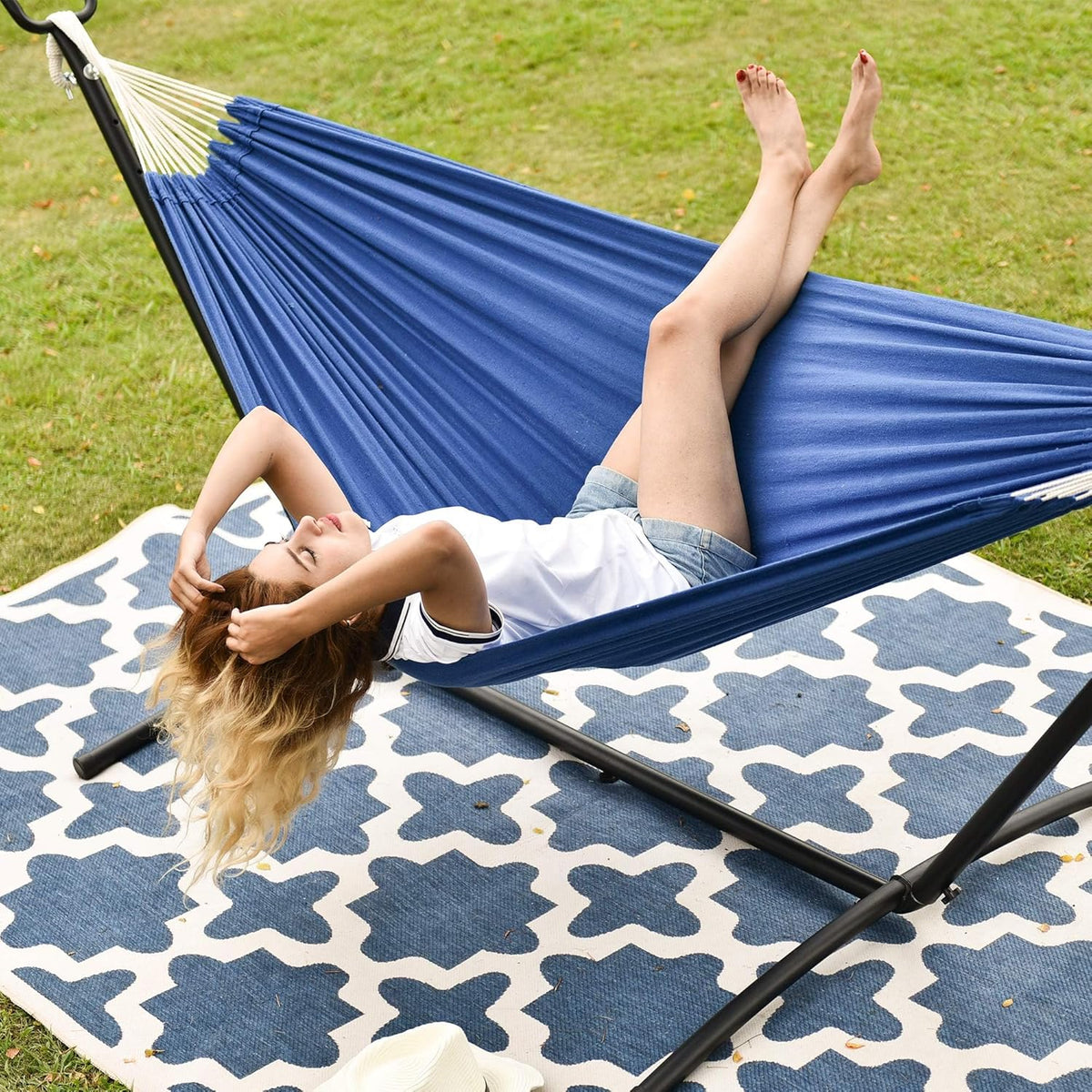 Lazy Daze Hammocks Double Hammock with 9ft Space-Saving Steel Stand Includes Portable Carrying Case, 450 Pounds Capacity (Dark Blue)