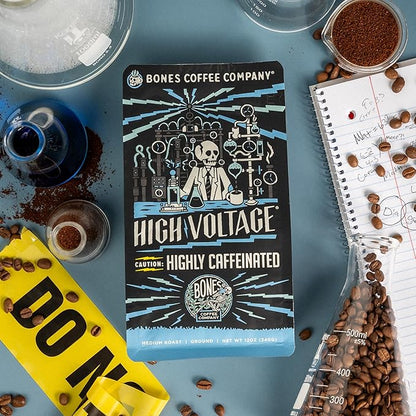 Bones Coffee Company High Voltage, Highly Caffeinated Unflavored Coffee, Medium Roast Low Acid Arabica Beans Compatible with Auto drip and French Press Coffee Maker, 12 Oz Whole Bean