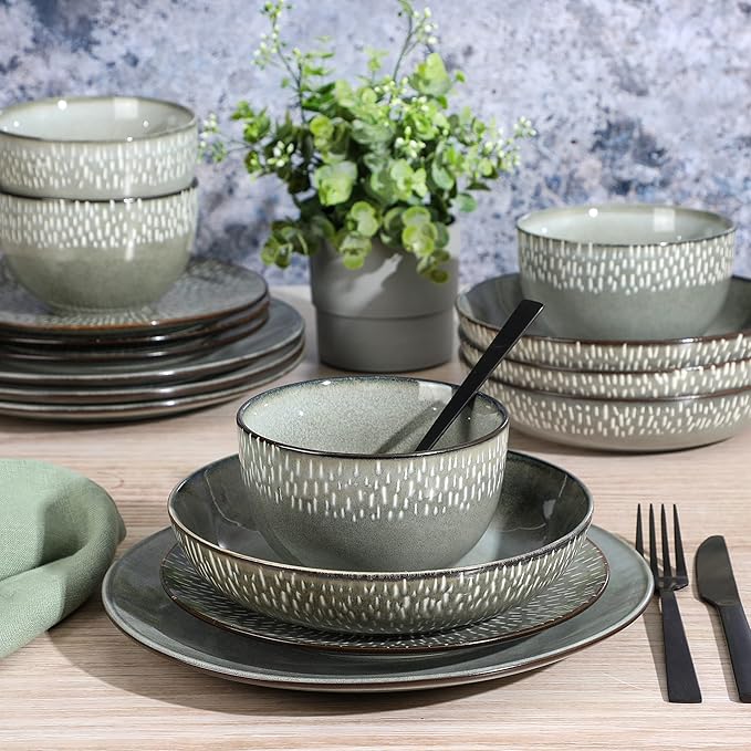 Gibson Elite Matisse 16-Piece Double Bowl Dinnerware Set, Service for 4 – Green Stoneware Plates and Bowls