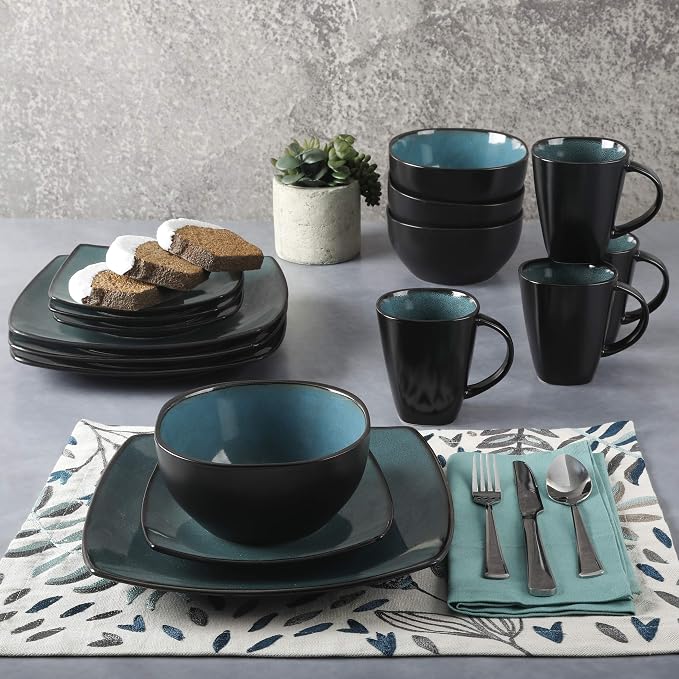 Gibson Elite Soho Lounge 16-Piece Reactive Glaze Dinnerware Set – Teal and