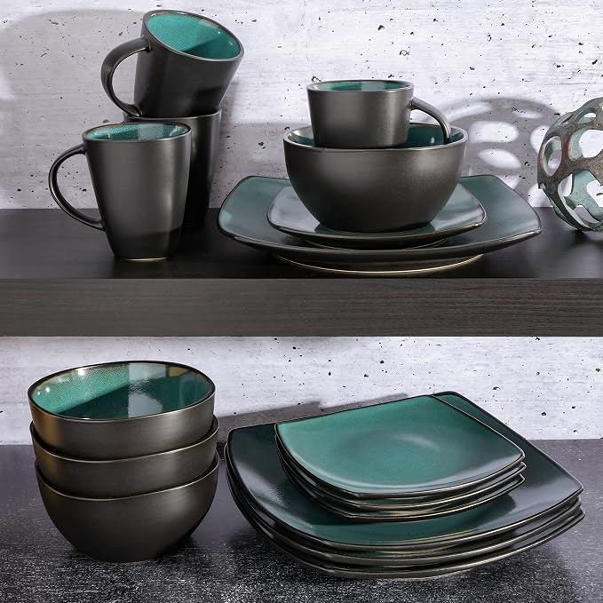 Gibson Elite Soho Lounge 16-Piece Reactive Glaze Dinnerware Set – Teal and
