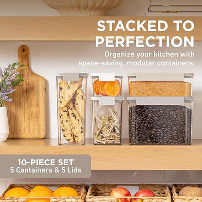 Bentgo Pantry - 10-Piece Airtight Food Storage Containers, Clear, Stackable Kitchen & Pantry Organization, Locking Lids for Freshness, BPA-Free Plastic - Ideal for Sugar, Flour, & More (White Stone)
