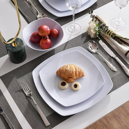 Melamine Dinnerware Sets, Square Dinnerware Sets, White Color Plates and Bowls Sets for 4, Unbreakable Dishwasher Safe BPA Free