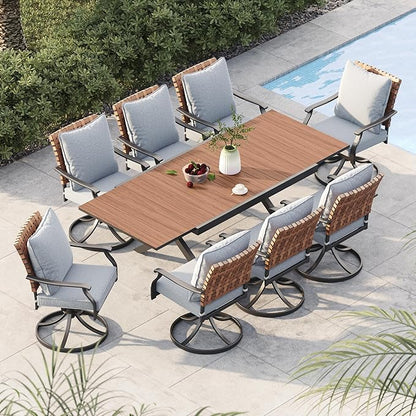 Grand patio 9-Piece Outdoor Dining Set, 8 Leather-Look Wicker Swivel Patio