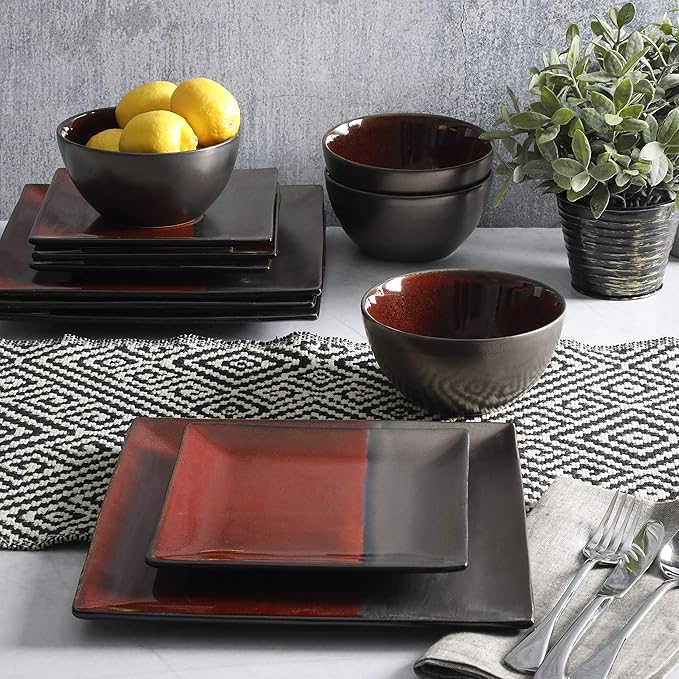 Gibson Elite Decadence 12 Piece Reactive Glaze Dinnerware Set Service for 4, Red with Reactive Metallic Color -