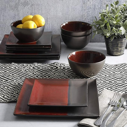 Gibson Elite Decadence 12 Piece Reactive Glaze Dinnerware Set Service for 4, Red with Reactive Metallic Color -