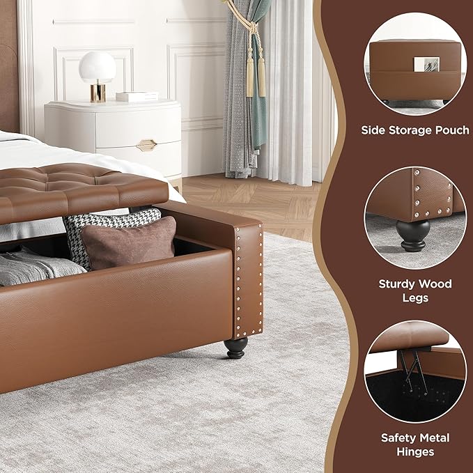 Maupvit Storage Ottoman Bench, 49 Inch Bedroom Bench, Upholstered Ottoman with Storage, Entryway Bench with Tufted Button, Faux Leather Window Bench for Bedroom, Living Room, Entryway, Hallway, Brown