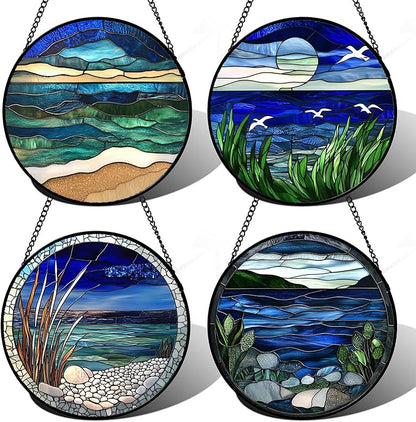 Stained Glass Window Hanging 4 Pcs Set Navy Blue Ocean Landscape 6.3" - Suncatcher Door Garden Sun Catcher Decor Birthday Mother's Day for Mom Woman Nana Girl Boy Friend