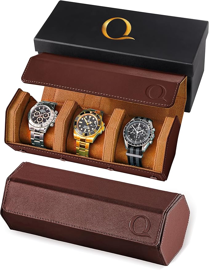 Napa Leather Watch Rolls for Men - Hexagon Triple Watch Roll Travel Case for 3 Watches - Storage Organizer Genuine Leather with Velvet Interior Display (Brown/Tan)