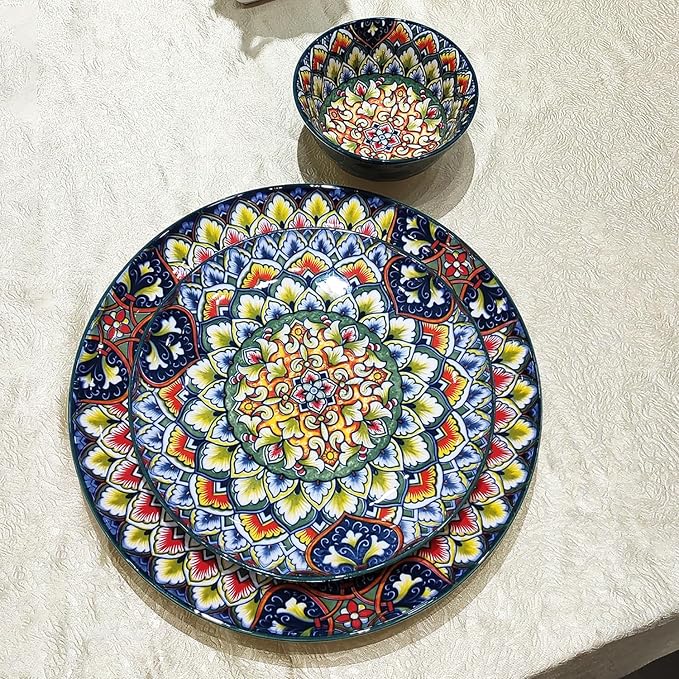 YA JU Mandala Dinnerware Sets Serves 4, Buffet Dinnerware, Boho Plates and