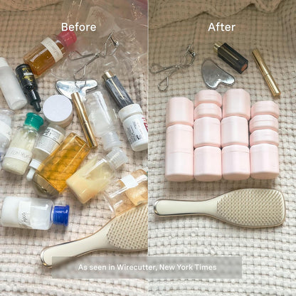 Cadence Travel Containers - Body Care Capsule Set - Magnetic Containers with Lids,Carry On Travel Essentials for Women/Men - 3 Flex Mediums (1.32oz) - Body Wash, Lotion & Sun Icon Labels - Petal