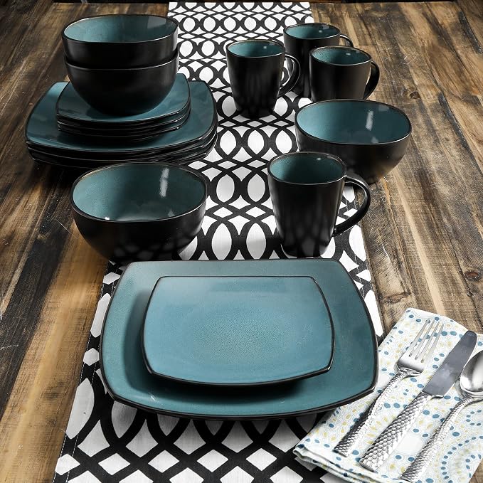 Gibson Elite Soho Lounge 16-Piece Reactive Glaze Dinnerware Set – Teal and