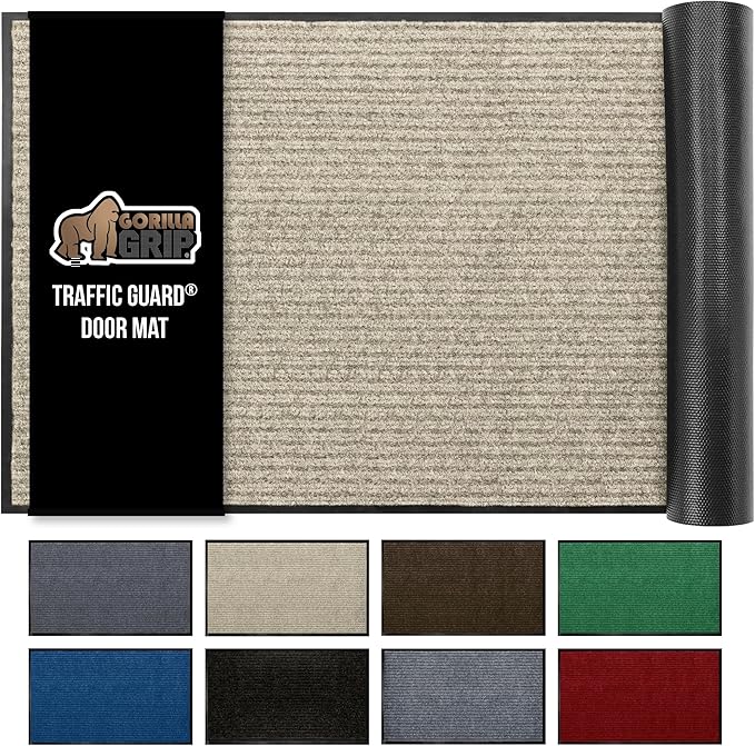 GORILLA GRIP Traffic Guard Door Mat, Heavy Duty Welcome Mats, Commercial Office Space Doormat, Waterproof, Fade Resistant, Strong Rubber Backing, Low Profile, Shoe and Boot Scraper, 29x17, Beige