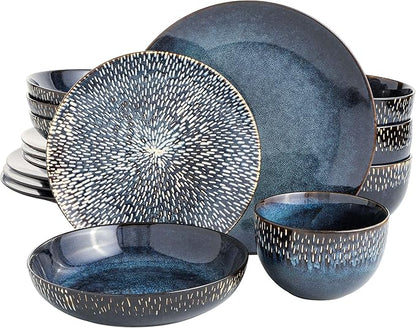 Gibson Elite Matisse 16-Piece Dinnerware Set – Double Bowl Reactive Glaze Stoneware in Blue – Plates and Bowls for 4, Microwave & Dishwasher Safe, Rustic Modern Design