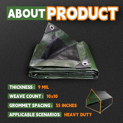 20x30 Feet Tarp Waterproof,9Mil Thick,Finished Size Tarps,UV Resistant,Durable,Multipurpose Poly Tarp Cover with Metal Grommets and Reinforced Edges,Green/Black by RAINDEWAY