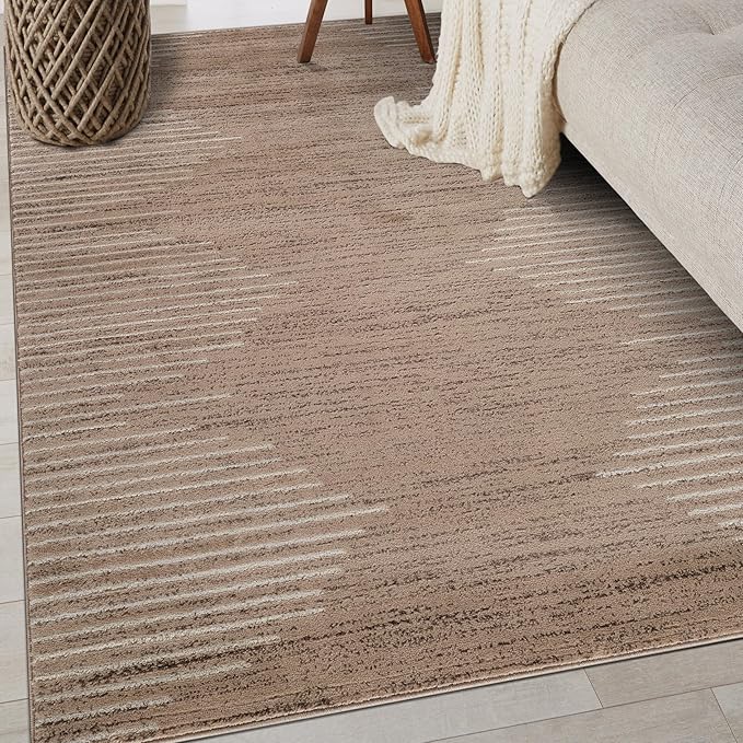 Rugshop Bohemian Stripe Stain Resistant High Traffic Living Room Kitchen Bedroom Dining Home Office Area Rug 5' x 7' Beige