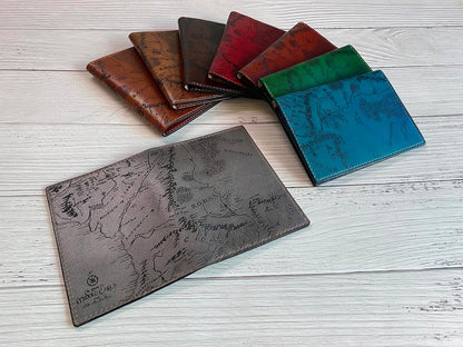 Handmade Leather Passport Wallet with Ancient Map Design, 4 Pockets, Genuine Brown Leather - 1SM