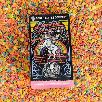 Bones Coffee Company Electric Unicorn, Fruity Cereal With Milk Flavored Coffee, Medium Roast Low Acid Arabica Beans Compatible with Auto drip and French Press Coffee Maker, 12 Oz Whole Bean
