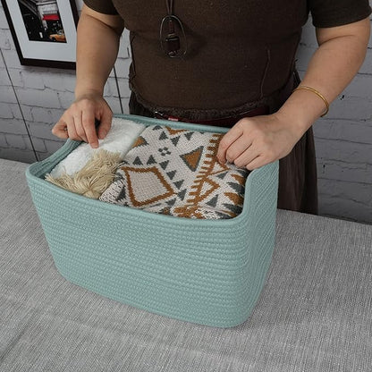 Cotton Rope storage Basket Bins Woven Basket for Organizing Shelves Rectangle Decorative Baskets For storage Clothes Toys Books Towels Square Wicker Nursery basket organizer 3 pack Green