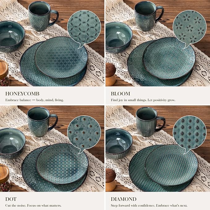MALACASA 16 Pieces Dinnerware Sets, Farmhouse Plates and Bowls Sets, Embossed