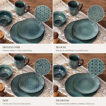 MALACASA 16 Pieces Dinnerware Sets, Farmhouse Plates and Bowls Sets, Embossed